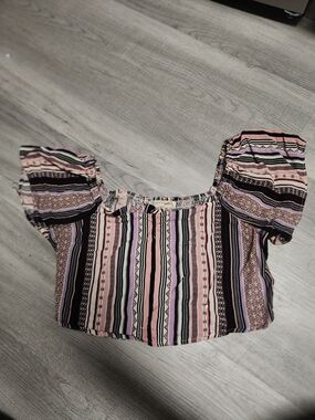 Spoiled Pink & Black Striped Puff-Sleeve Crop Top